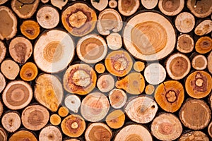 Christmas texture background of dry wooden log cabins. Woodpile of cut Lumber for forestry industry