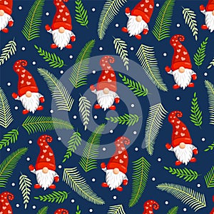 Christmas texture with gnomes and fir branches. Vector illustration of Merry Christmas and Happy New Year. Seamless