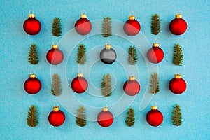 Christmas Texture, Red Ball And One Black, Branch, Frame, Turquoise Background