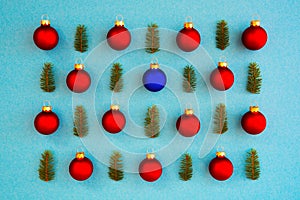 Christmas Texture, Red Ball And One Blue, Branch, Frame, Turquoise Background