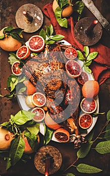 Christmas or Thanksgiving Day dinner with roasted turkey and candles