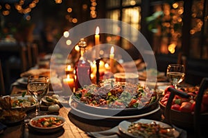 Christmas or Thanksgiving dinner with various food dishes, glasses of wine and fruits served on festive table with candles