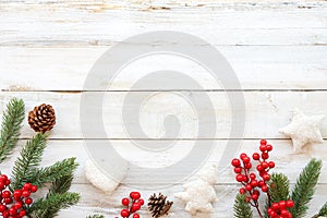 Christmas theme background with decorating elements and ornament rustic on white wood table
