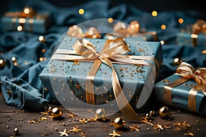 Christmas Theme. Blue Background with golden christmas baubles, gifts decoration and stars.