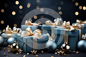 Christmas Theme. Blue Background with golden christmas baubles, gifts decoration and stars. Generate AI