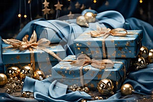 Christmas Theme. Blue Background with golden christmas baubles, gifts decoration and stars. Generate AI