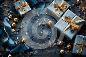 Christmas Theme. Blue Background with golden christmas baubles, gifts decoration and stars. Generate AI