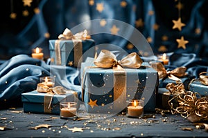 Christmas Theme. Blue Background with golden christmas baubles, gifts decoration and stars. Generate AI