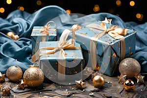 Christmas Theme. Blue Background with golden christmas baubles, gifts decoration and stars. Generate AI