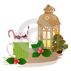 Christmas theme, cup of coffee, candy cane.