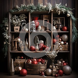 Christmas theme custom-made ,wood and reddecorations backdrop, composit image only