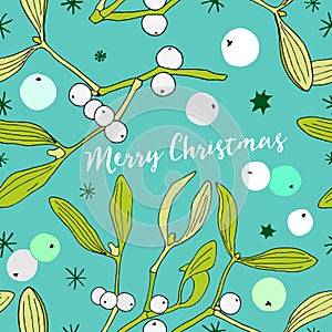 Christmas theme with mistletoe and berries, decorative seamless background with mistletoe and stars