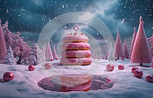 Christmas theme with pink trees and giant pink donuts with icing