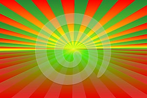 Christmas-themed background. Abstract sunburst pattern of gradient green, red, orange and yellow rays; bottom copy-space for text.