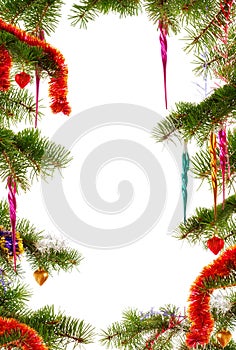 Christmas themed background with fir branches and ornaments