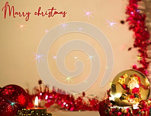 Christmas themed background with Santa Claus, red balls and red glitter photo
