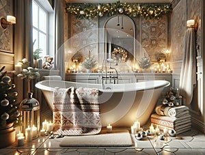 Christmas-themed bathroom scene with a focus on a bathtub.