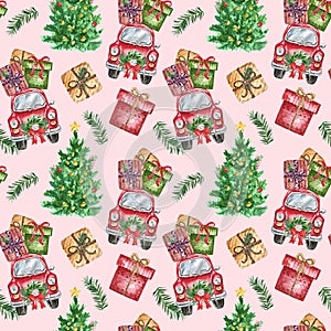 Christmas themed seamless pattern with watercolor symbols of winter holidays. Hand painted red car with gift boxes and tree