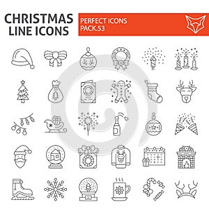 Christmas thin line icon set, holiday symbols collection, vector sketches, logo illustrations, new year signs linear