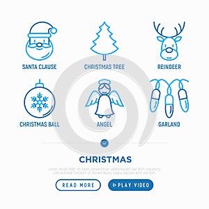 Christmas thin line icons set: Santa Claus, Christmas tree, reindeer, ball, angel, garland. Modern vector illustration