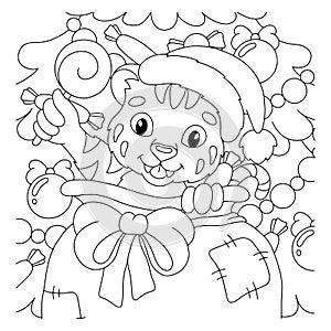 Christmas tiger. Coloring book page for kids. Cartoon style character. Vector illustration isolated on white background