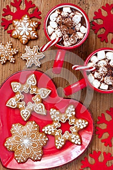 Christmas time composition with mug with  hot chocolate and gingerbread cookies, top view