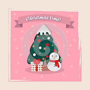 Christmas time greeting card. Gifts, snowman, garland, Christmas tree on a pink background. Winter vintage greeting card