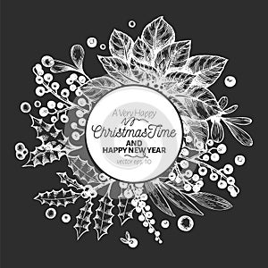 Christmas time hand drawn vector greeting card template. Retro illustration on chalk board