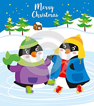 Christmas time: happy penguins on ice