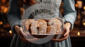 Christmas time: lady with an open Christmas package in her hands. Various Christmas gingerbread cookies.Horizontal banking