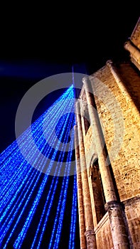 Christmas time and magic lights, medieval tower and mystery