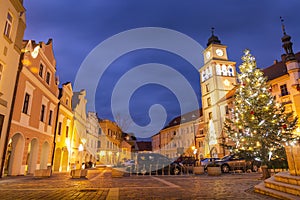 Christmas time on Masaryk square at night. Center of a old town of Trebon, Czech Republ