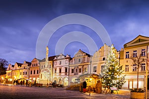 Christmas time on Masaryk square at night. Center of a old town of Trebon, Czech Republic