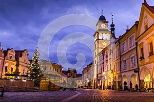 Christmas time on Masaryk square in the old town of Trebon, Czech Republic