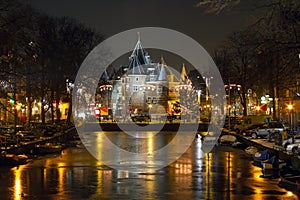 Christmas time on the Nieuwmarkt in Amsterdam Netherlands at night