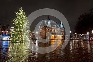 Christmas time on the Nieuwmarkt in Amsterdam the Netherlands by night