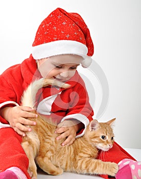 Christmas toddler child plays with a cat