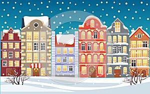 Christmas town illustration. Xmas snowy old town. Cartoon buildings. Christmas background. City street at Winter. New