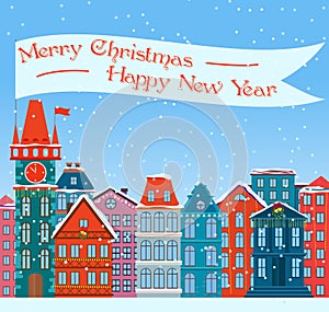 Christmas town illustration. Xmas snowy old willage. Cartoon buildings. Christmas background. City street at Winter. New