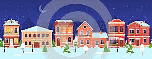 Christmas town. Night winter wonderland street with houses decorated for holidays and New year. Snow village seamless landscape