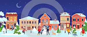 Christmas town. Old city street with people celebrating christmas and new year winter holidays. Cartoon children and