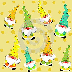 Christmas toy dwarves with colored spotted hats seamless pattern - vector