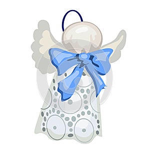 Christmas toy in the form of a figurine of an angel made of cloth with a blue bow isolated on white background. Vector