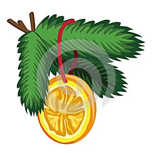 Christmas toy in the form of a slice of orange hanging on a fir branch isolated on white background. Vector illustration.