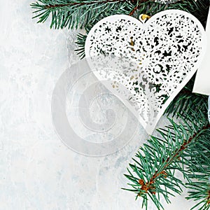 Christmas toy heart on a white background, Christmas background, minimalism