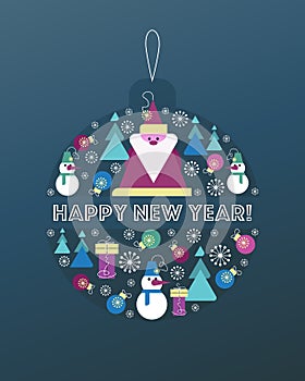 Christmas toy. New Years ball. Postcard design with decorative toy for New Year tree and Santa Claus