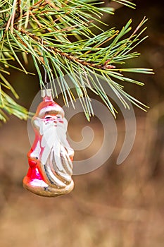 Christmas toy red Santa Claus on a natural branch with pine tree needles in the snow background. Concept for New Year, Christmas