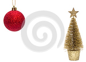 Christmas toy, a shiny red ball and a golden tree. New Year. Isolated on white background