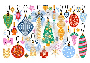 Cute Christmas tree decorations in retro cartoon style.