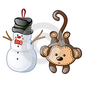 Christmas toys as figurine snowman and monkey